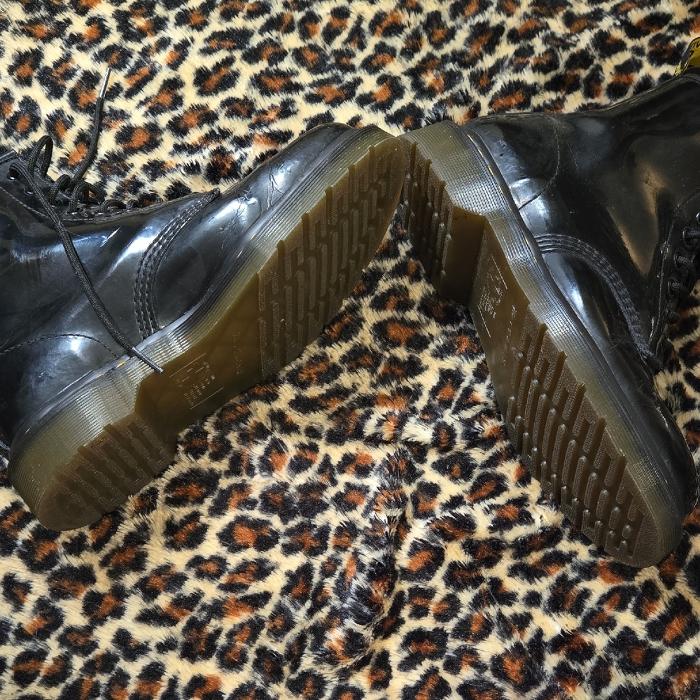 Dr. Martens Black Patent Leather Lace-Up Ankle Boots with Yellow Stitching - Picture 4 of 6